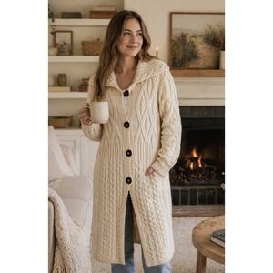 Aran Crafts Irish 100% Merino Wool Cable Knit Cardigan Sz S Duster Longline Cozy